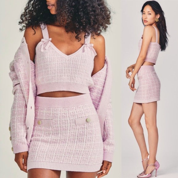 LoveShackFancy ๐ธ Callington Knitted Checkered Pencil Mini Skirt in Pink Winds - Picture 1 of 10